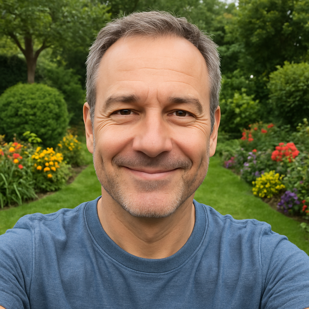 portret of a man 50 years positif expression selfie style garden in background