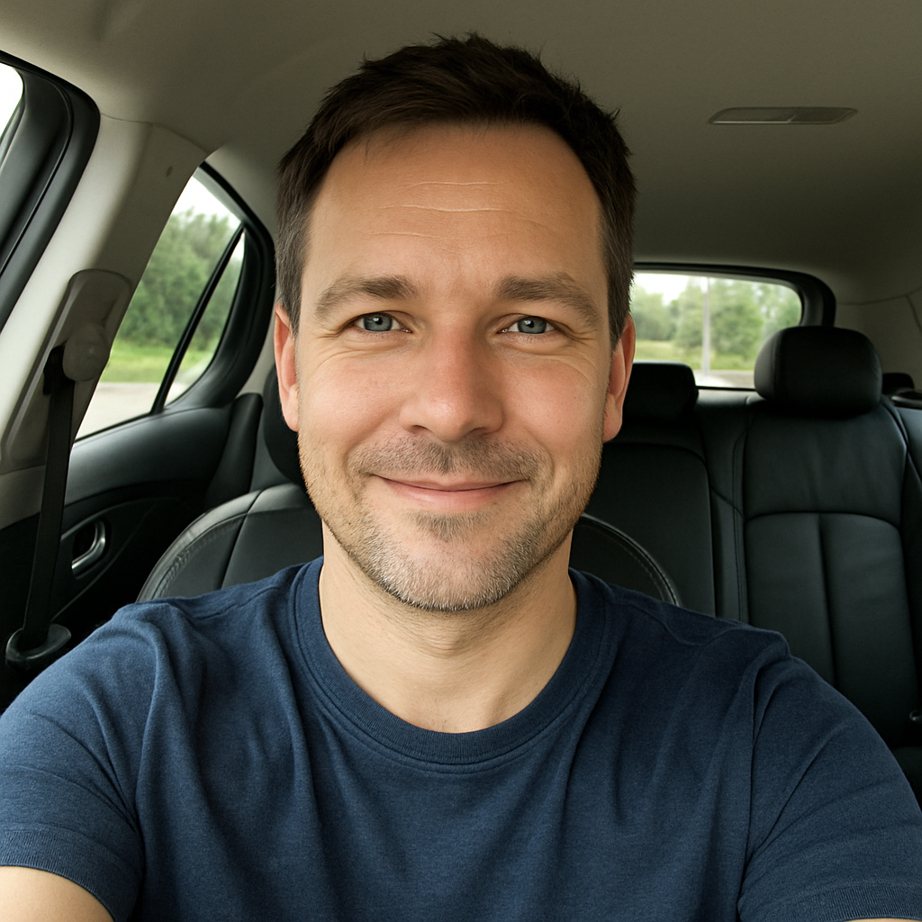 portret van man in auto selfie style 40 jaar lichte glimlach